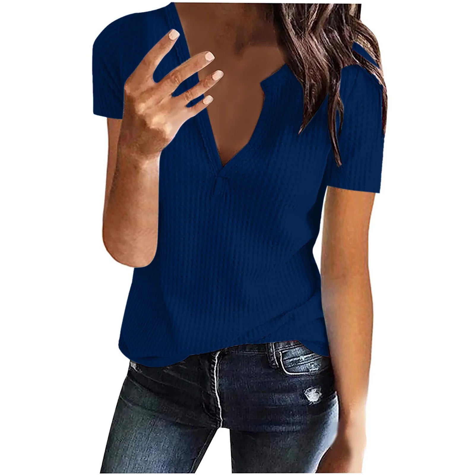 Waffle Knit Tops for Women Short Sleeve V Neck Henley Shirts Summer plus Size Solid Color Tunic Blouses Lightweight T Shirts Weekly Sale,Blue,Xxxl