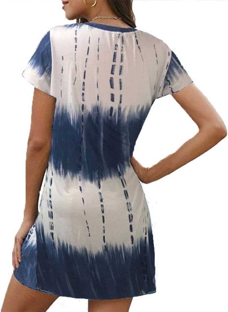 Loose Fit Short Sleeve Tie Dye Dress Casual V Neck Knee Length Tee Dress XXL Blue Floral