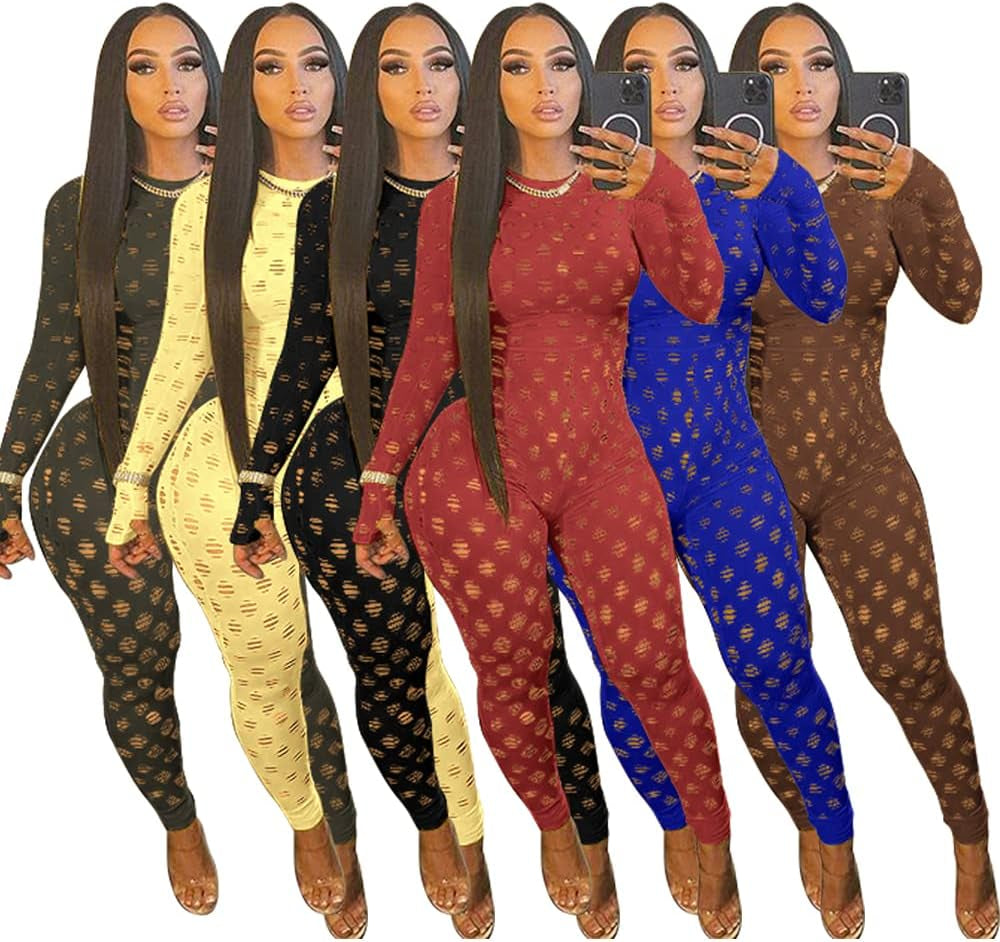 Jumpsuits for Women Elegant Long Sleeve Hollow Out Jumper One Piece Club Outfits Yellow 2XL