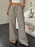 Women'S Wide Leg Pants, High Waisted Drawstring Palazzo Pants, Lightweight Textured Trousers with Pockets, Casual Lounge Beach Vacation
