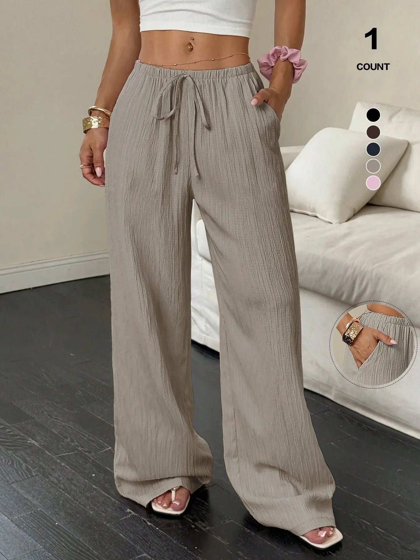 Women'S Wide Leg Pants, High Waisted Drawstring Palazzo Pants, Lightweight Textured Trousers with Pockets, Casual Lounge Beach Vacation