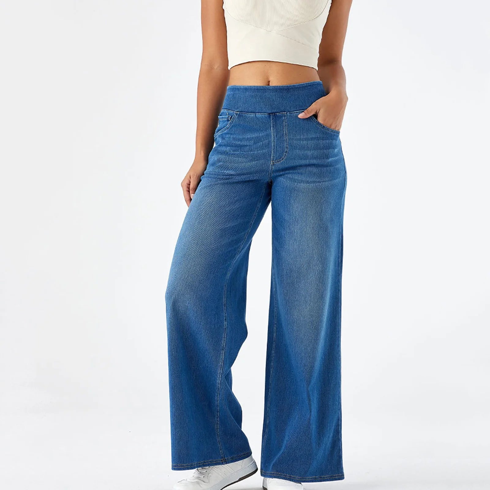Women'S Fashion Jeans High Waisted Wide Leg Jeans Summer Casual Straight Baggy Jeans Color Block Patch Denim Trousers Blue,M