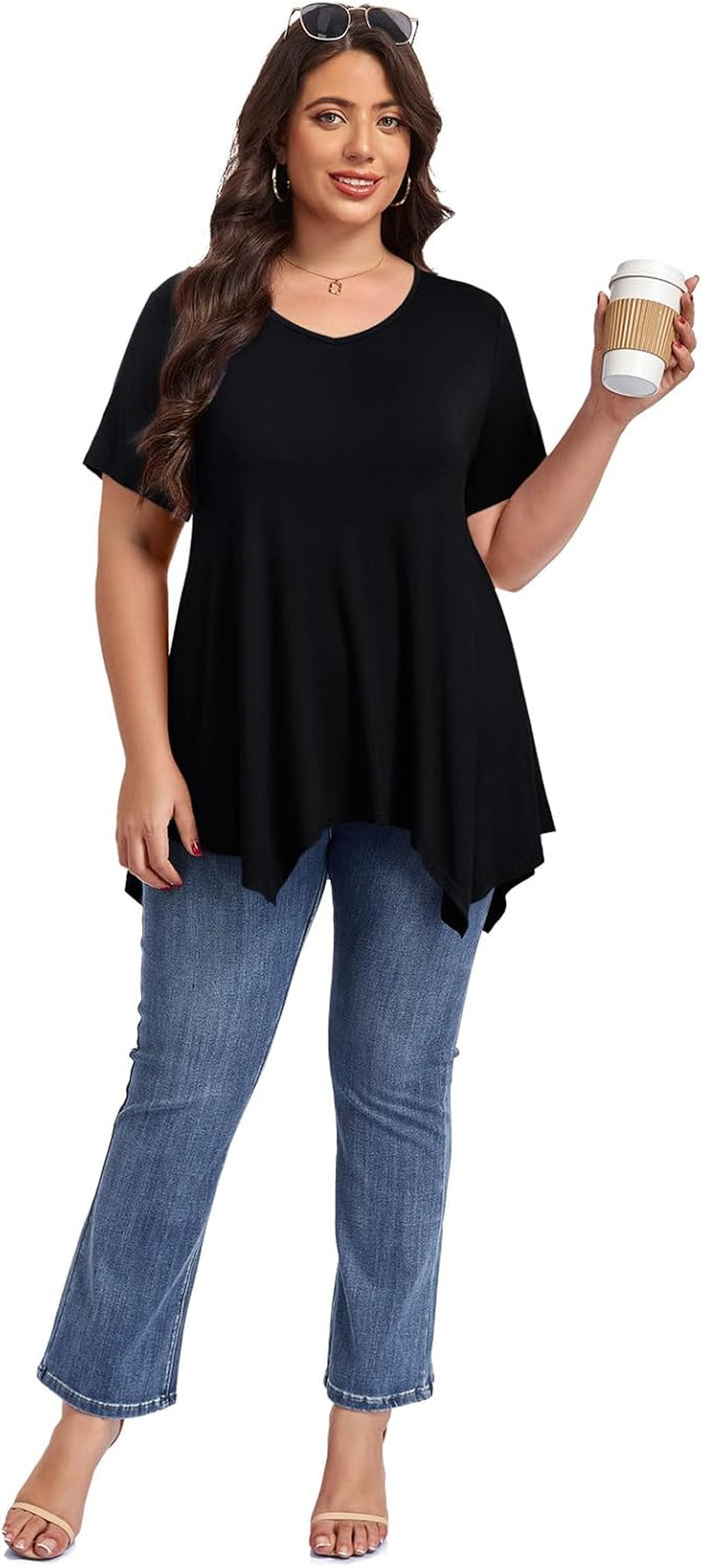 plus Size Tops for Womens Summer Clothes Short Sleeve Shirts Casual V Neck Tunic Asymmetrical Blouses