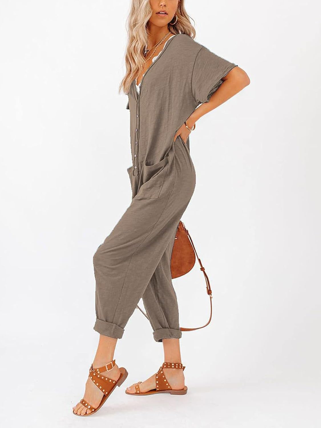 Oversize Women'S One Piece Button up Jumpsuit Casual Loose Short Sleeve V Neck Long Pants Rompers