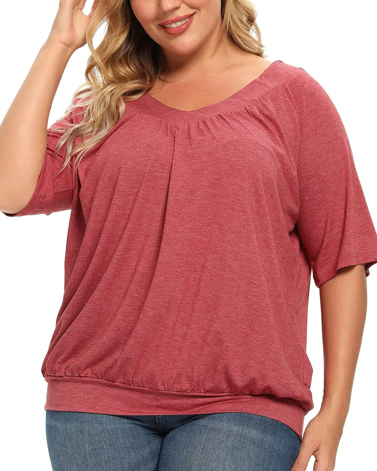 Women'S plus Size Tops Pleated V Neck Loose Baggy Blouse T Shirts