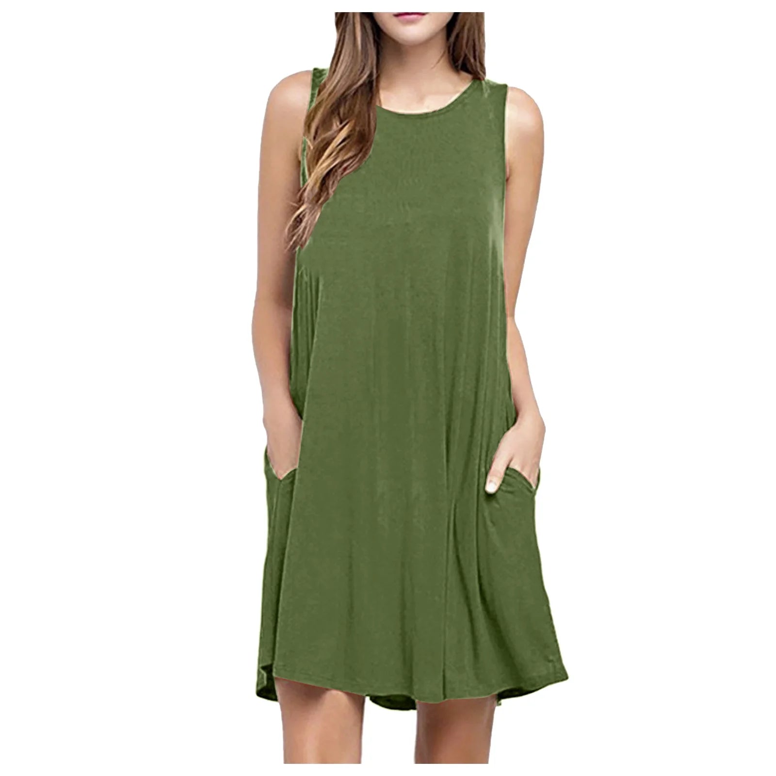 Fesfesfes Summer Dresses for Women round Neck Casual Mini Dress Solid Color Sleeveless Tank Dress Loose above Knee Sun Dress on Sale