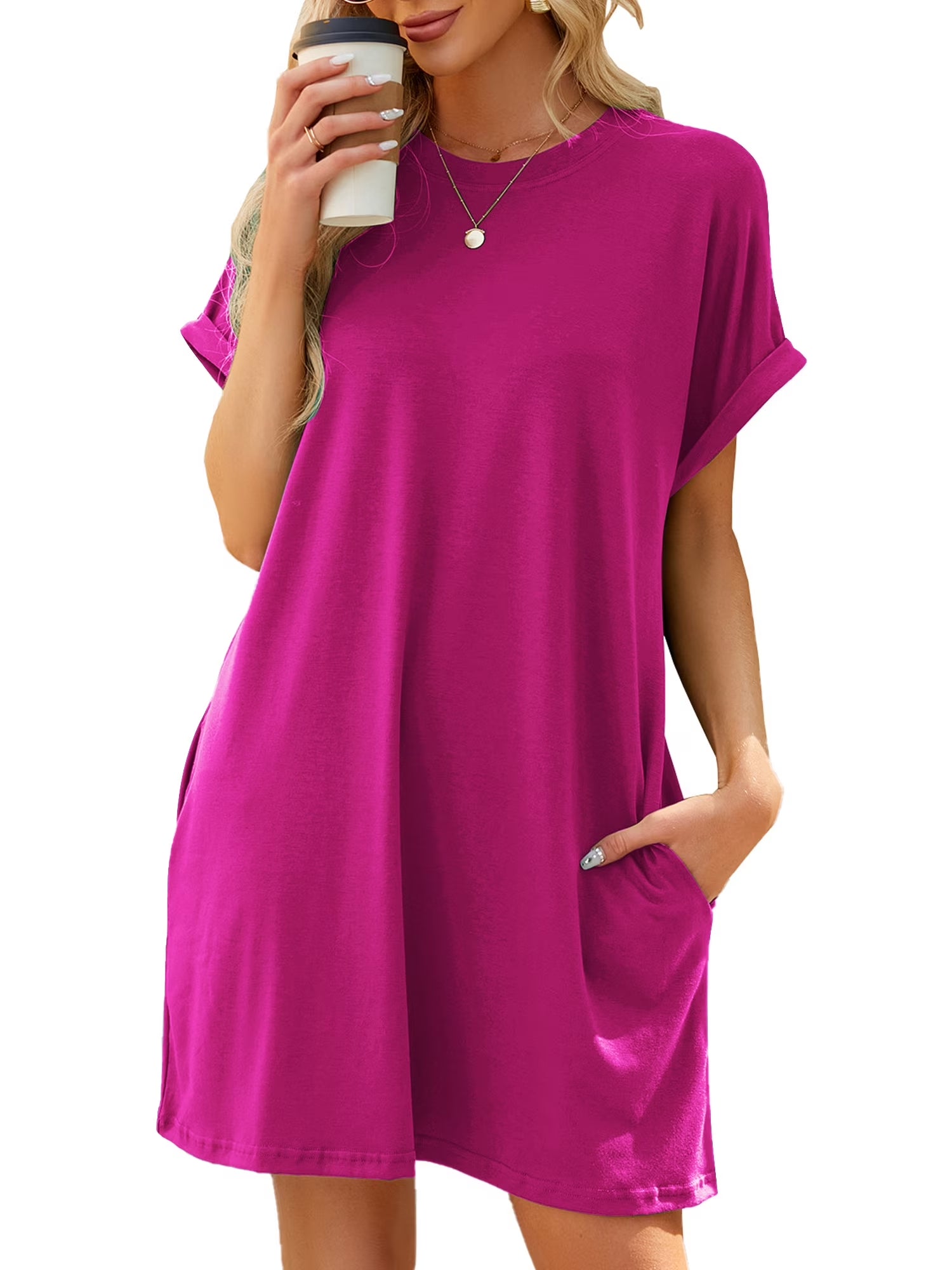 Womens T Shirt Dresses Short Sleeve Loose Tunic Tops with Pocket Casual Swing Basic Dress Dressy Fashion Womens Clothes Vacation Holiday Summer Sundress Solid Color Pink Size M