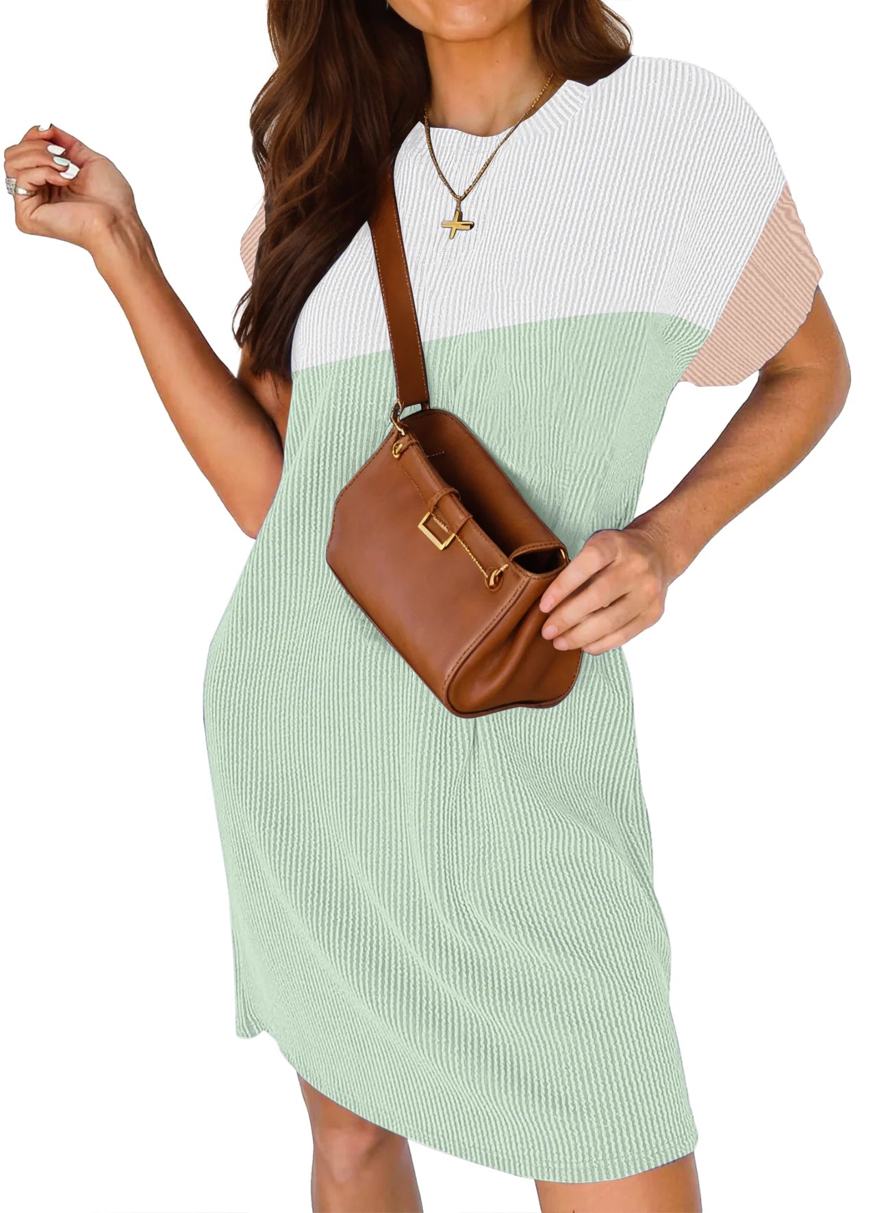 Summer Color Block Dresses for Women Crewneck Short Sleeve T Shirts Dress Ribbed Dresses with Pockets