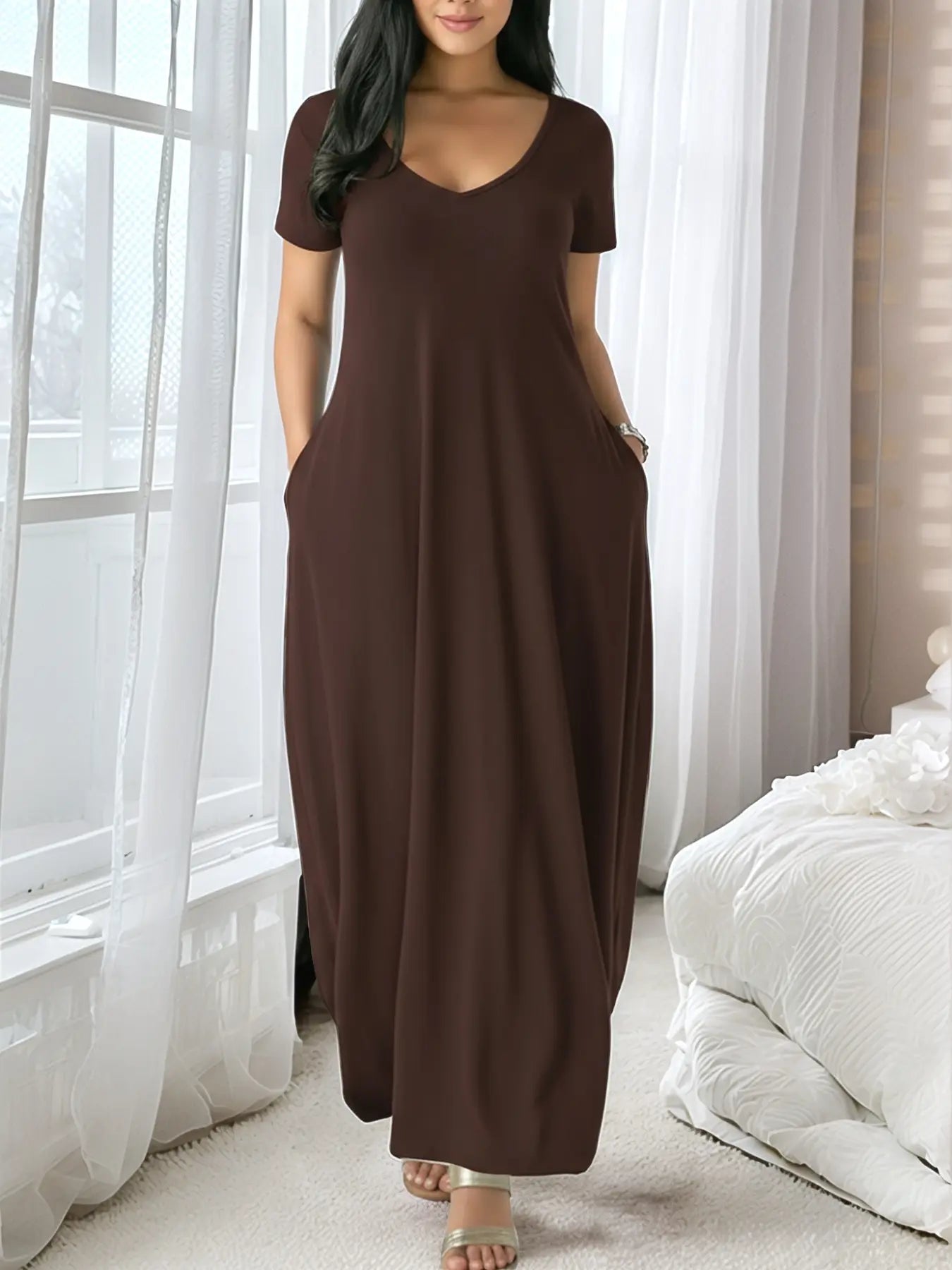 Women'S Long Fitted Coffee Dress, Large round Neck Short Sleeve Pocket Sleepwear, Casual Home Clothing Soft Fabric All Seasons Wear