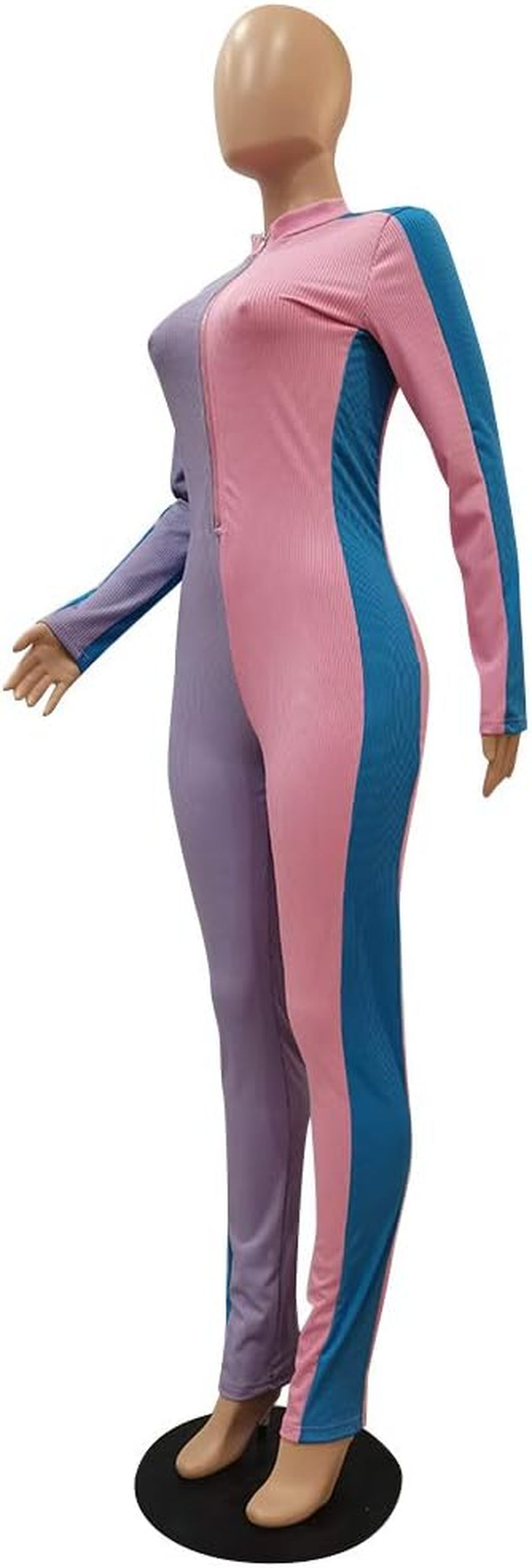 Womens Sexy Color Block Zip up Long Sleeve Bodycon Jumpsuits Clubwear Purple Size L