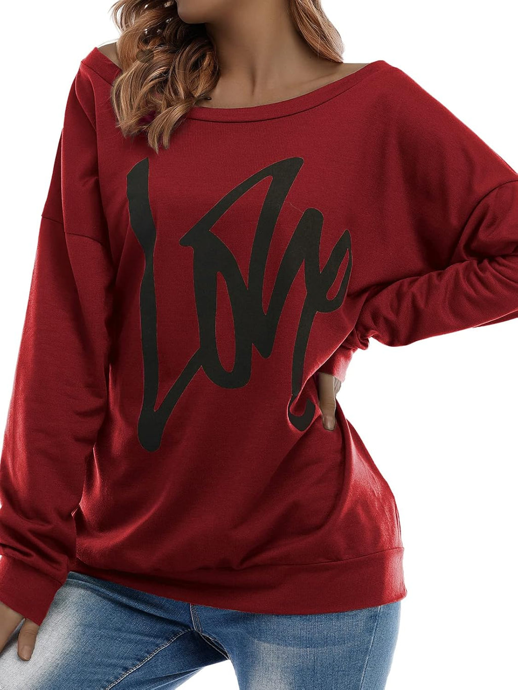 Womens Sweatshirt Love Letter Printed Long Sleeve Pullover off Shoulder Shirt Oversized Top
