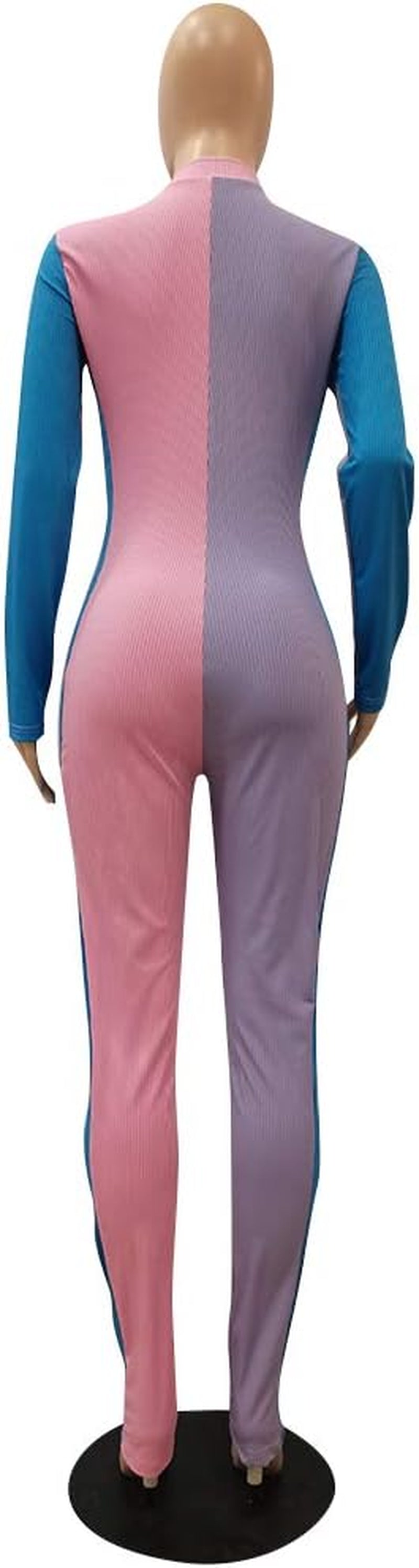 Womens Sexy Color Block Zip up Long Sleeve Bodycon Jumpsuits Clubwear Purple Size L