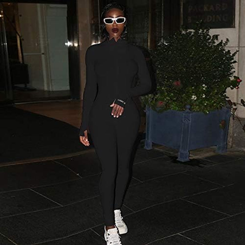 Women Embroidery Zipper High Neck Bodycon Jumpsuit Outfit Long Sleeve Rompers