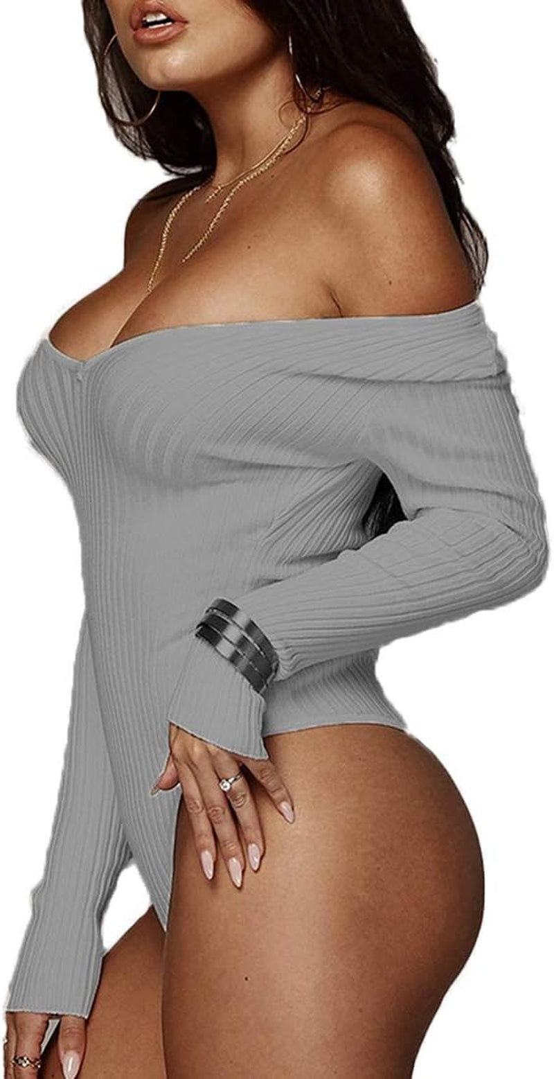 Womens Sexy V Neck Bodysuit Basic Ribbed Long Sleeve Jumpsuits Tops for Women Fall Tops