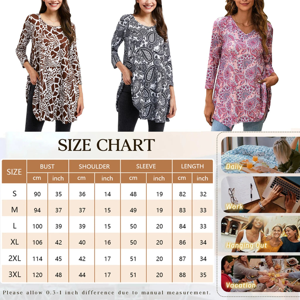 Women'S 3/4 Sleeve Tunic Tops Loose Fit plus Size Blouses Casual Swing Shirts Brown Tee L