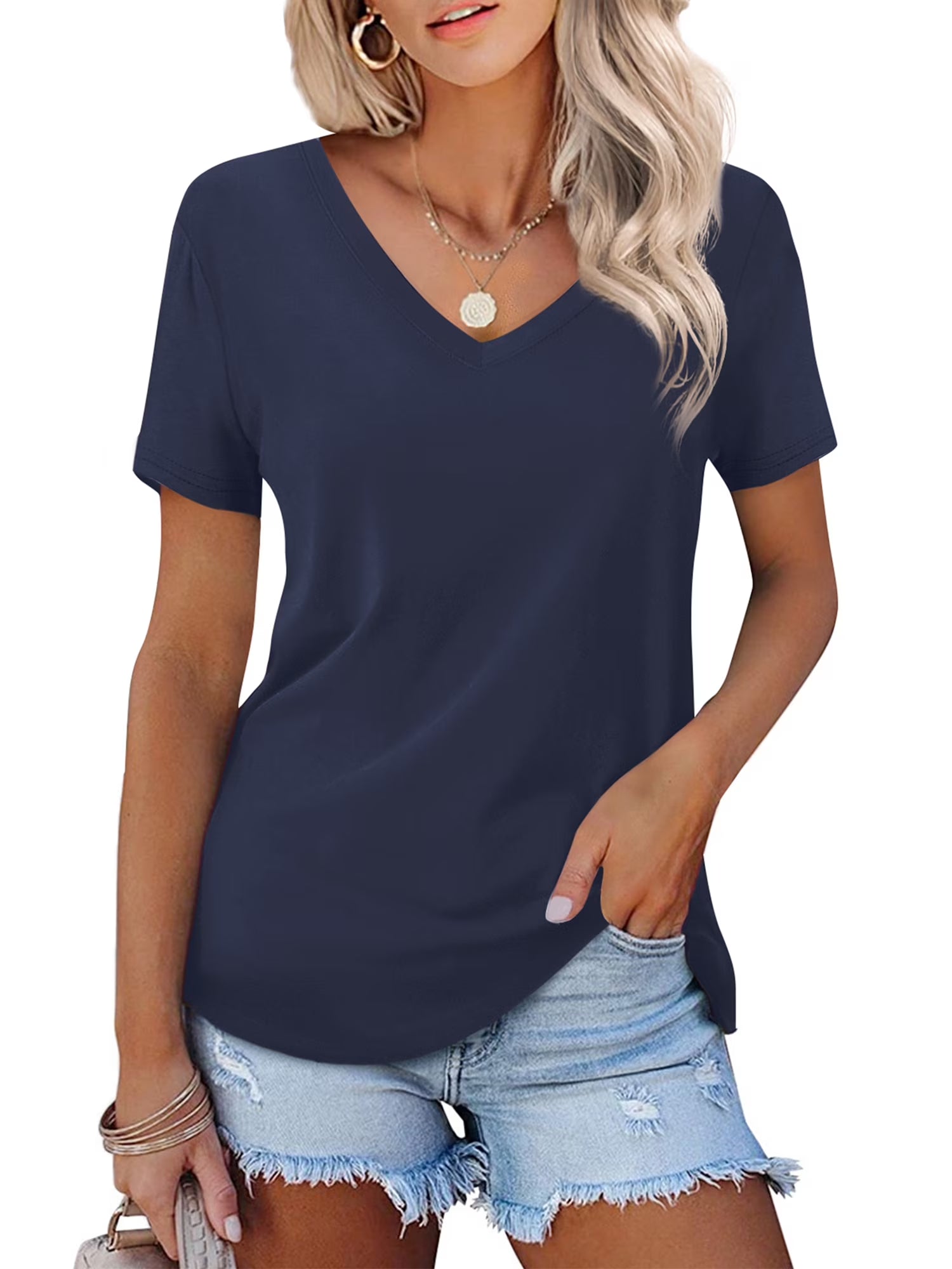 Womens T-Shirts plus Size V Neck Short Sleeve Tops Summer Casual Shirts, Navy 3XL