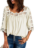 Women Lace Crochet Shirt Solid Color Square Collar Short Sleeve Pleated Pullover Hollow Out Smocked Top Daily Wear Summer,Xl(Us 14-16),White
