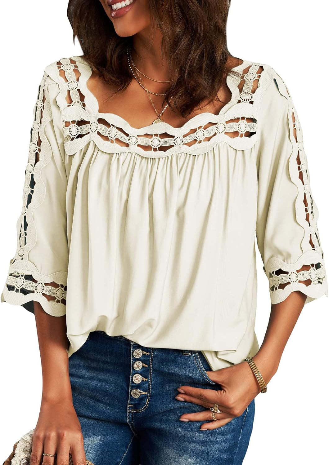 Women Lace Crochet Shirt Solid Color Square Collar Short Sleeve Pleated Pullover Hollow Out Smocked Top Daily Wear Summer,Xl(Us 14-16),White