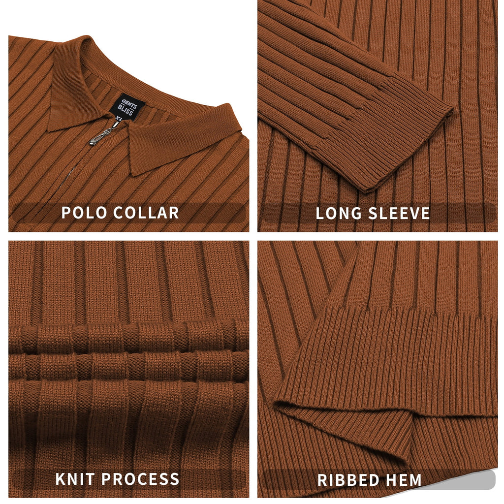 Polo Shirts for Men Casual Long Sleeve Mens Shirts Zipper Ribbed Knit Shirt