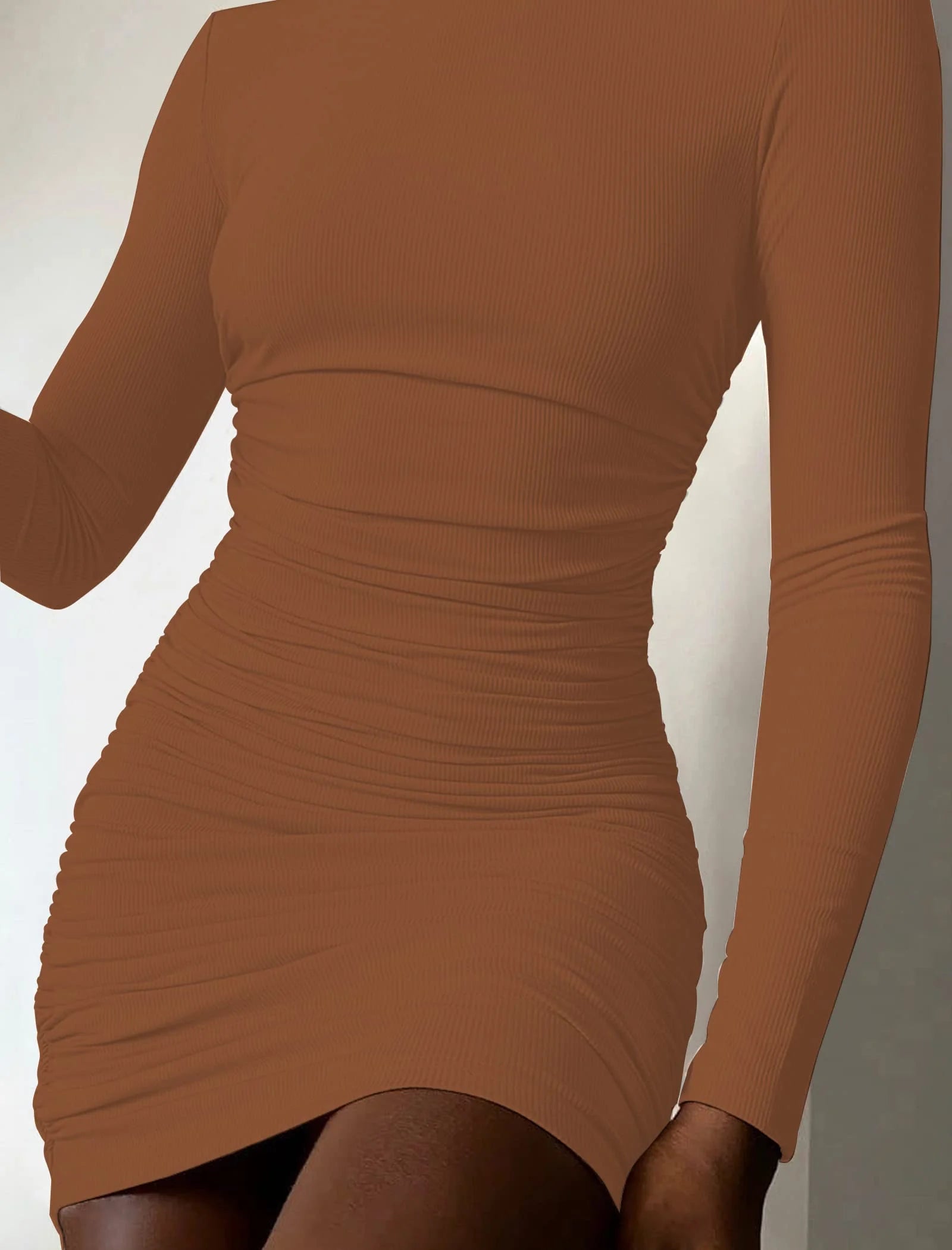 Women'S Sexy Dress Long Sleeve Crew Neck Ribbed Dress for Womens Slim Fit Ruched Stretchy Casual Mini Dresses Caramel Brown