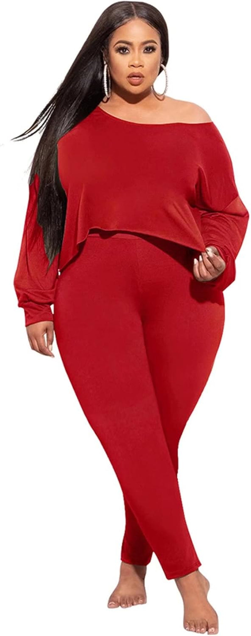 Plus Size 2 Piece Outfits for Women Sexy Clubwear off Shoulder Long Sleeve Shirt Bodycon Pants Sets Tracksuit Casual Red XXL