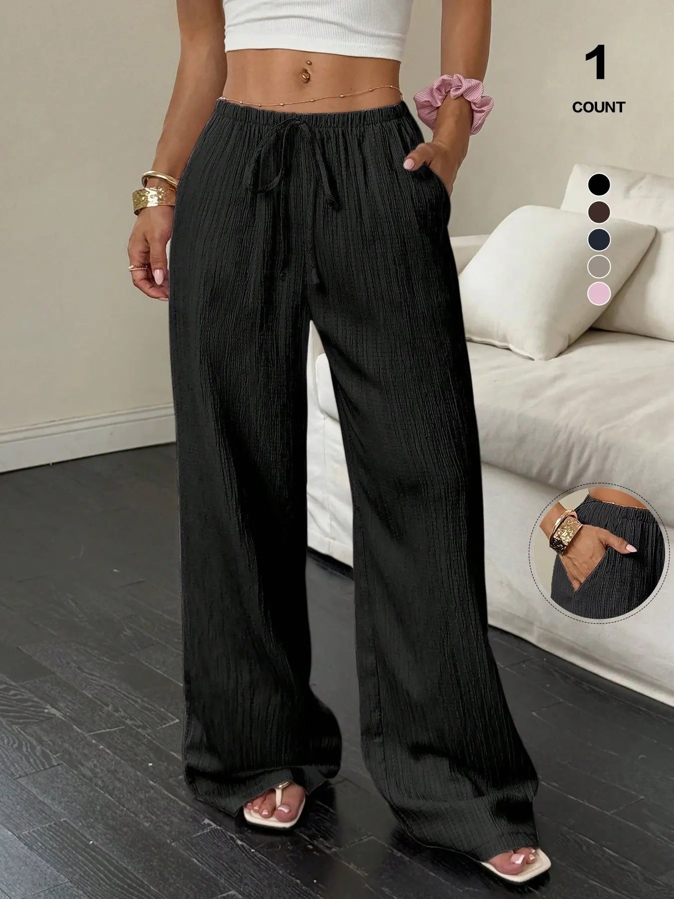 Women'S Wide Leg Pants, High Waisted Drawstring Palazzo Pants, Lightweight Textured Trousers with Pockets, Casual Lounge Beach Vacation
