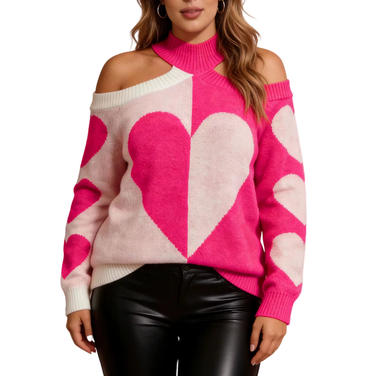 Heart Print Cold Shoulder Knit Sweater for Women - Long Sleeve Loose Pullover Jumper Top for Fall Winter Casual Wear