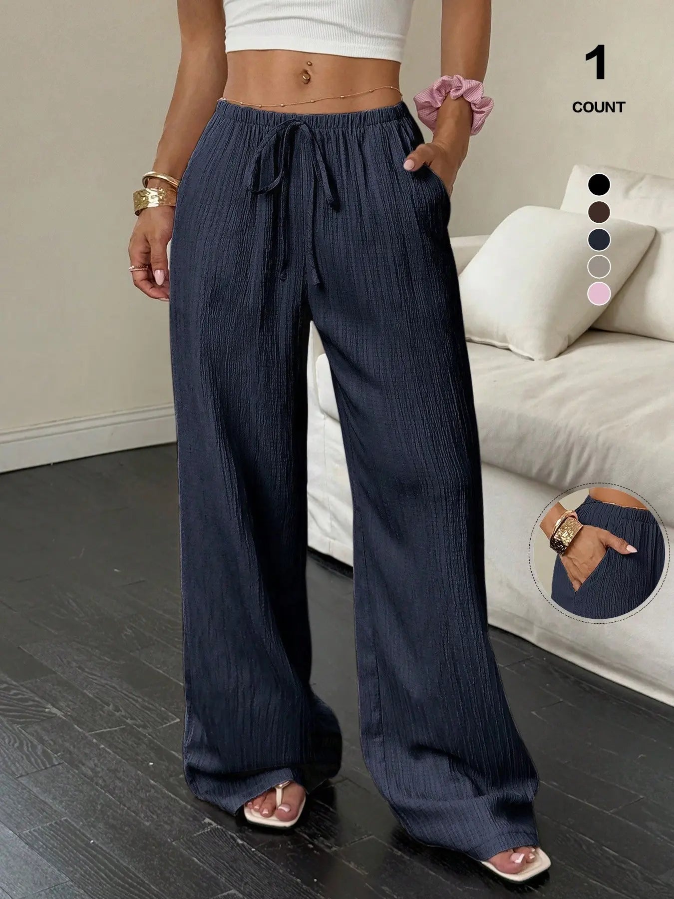 Women'S Wide Leg Pants, High Waisted Drawstring Palazzo Pants, Lightweight Textured Trousers with Pockets, Casual Lounge Beach Vacation
