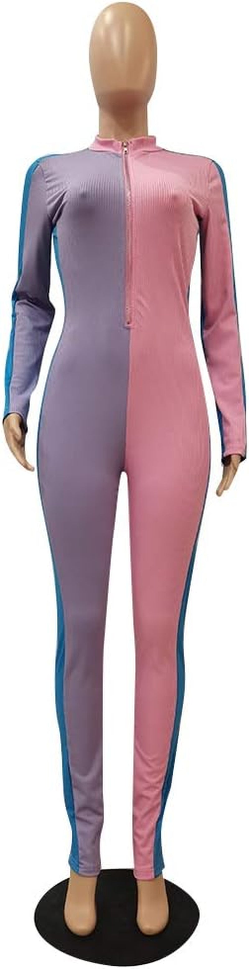 Womens Sexy Color Block Zip up Long Sleeve Bodycon Jumpsuits Clubwear Purple Size L