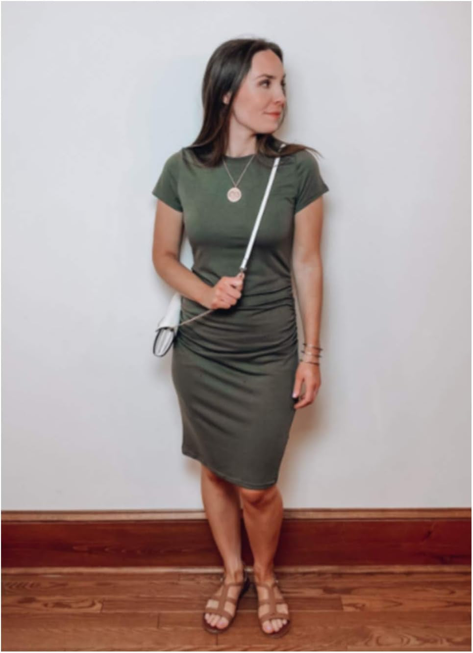 Womens Casual Short Sleeve Ruched Bodycon Dresses Fitted Midi T Shirt Dress