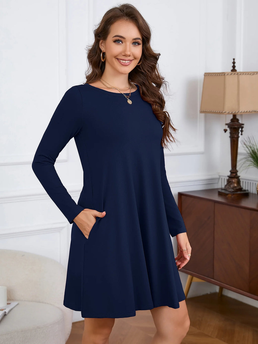 Women'S Long Sleeve Casual Dress Navy Blue 2XL Tunic Dress Loose T-Shirt Dress with Pockets