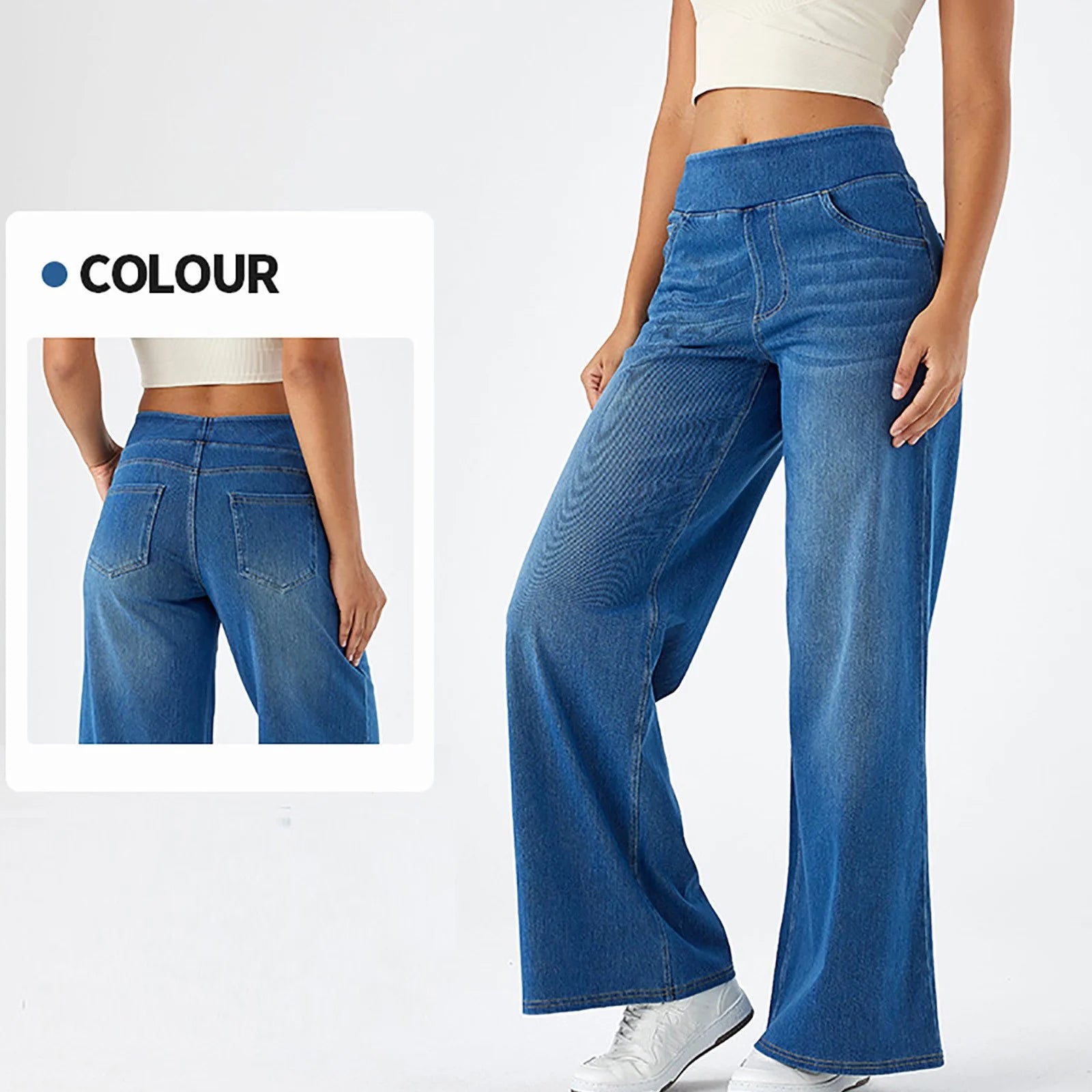 Women'S Fashion Jeans High Waisted Wide Leg Jeans Summer Casual Straight Baggy Jeans Color Block Patch Denim Trousers Blue,M
