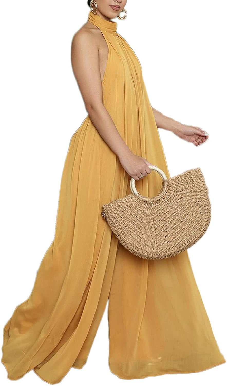 Women’S Sexy Summer Jumpsuit Halter Neck Sleeveless Chiffon Wide Leg Long Pant Jumpsuit Romper One Piece Outfits