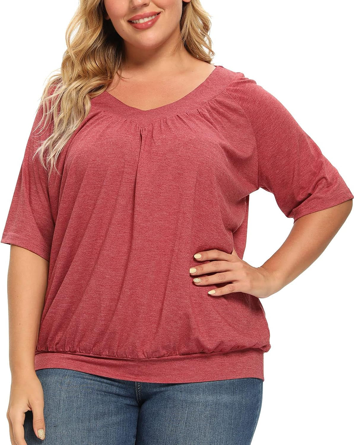 Women'S plus Size Tops Pleated V Neck Loose Baggy Blouse T Shirts