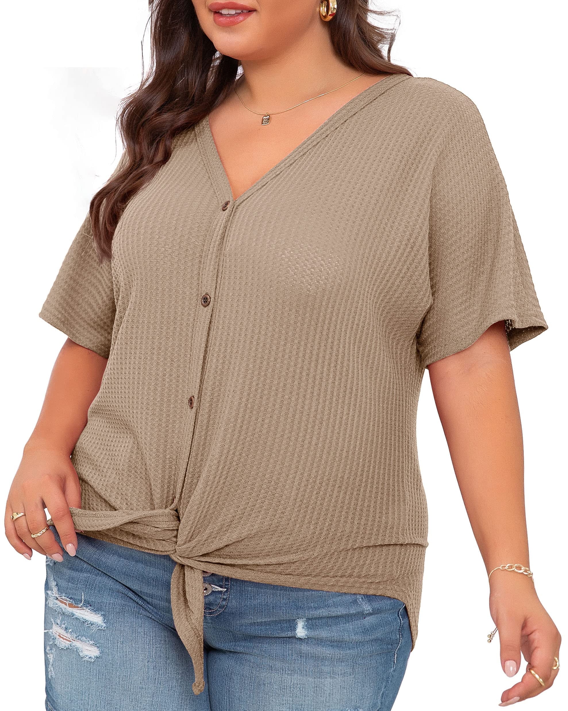 Womens plus Size Tops Short Sleeve V Neck Waffle Knit Tunic Blouse Tie Front Button up T Shirts