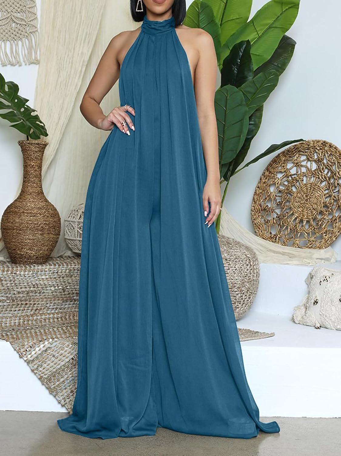 Women’S Sexy Summer Jumpsuit Halter Neck Sleeveless Chiffon Wide Leg Long Pant Jumpsuit Romper One Piece Outfits
