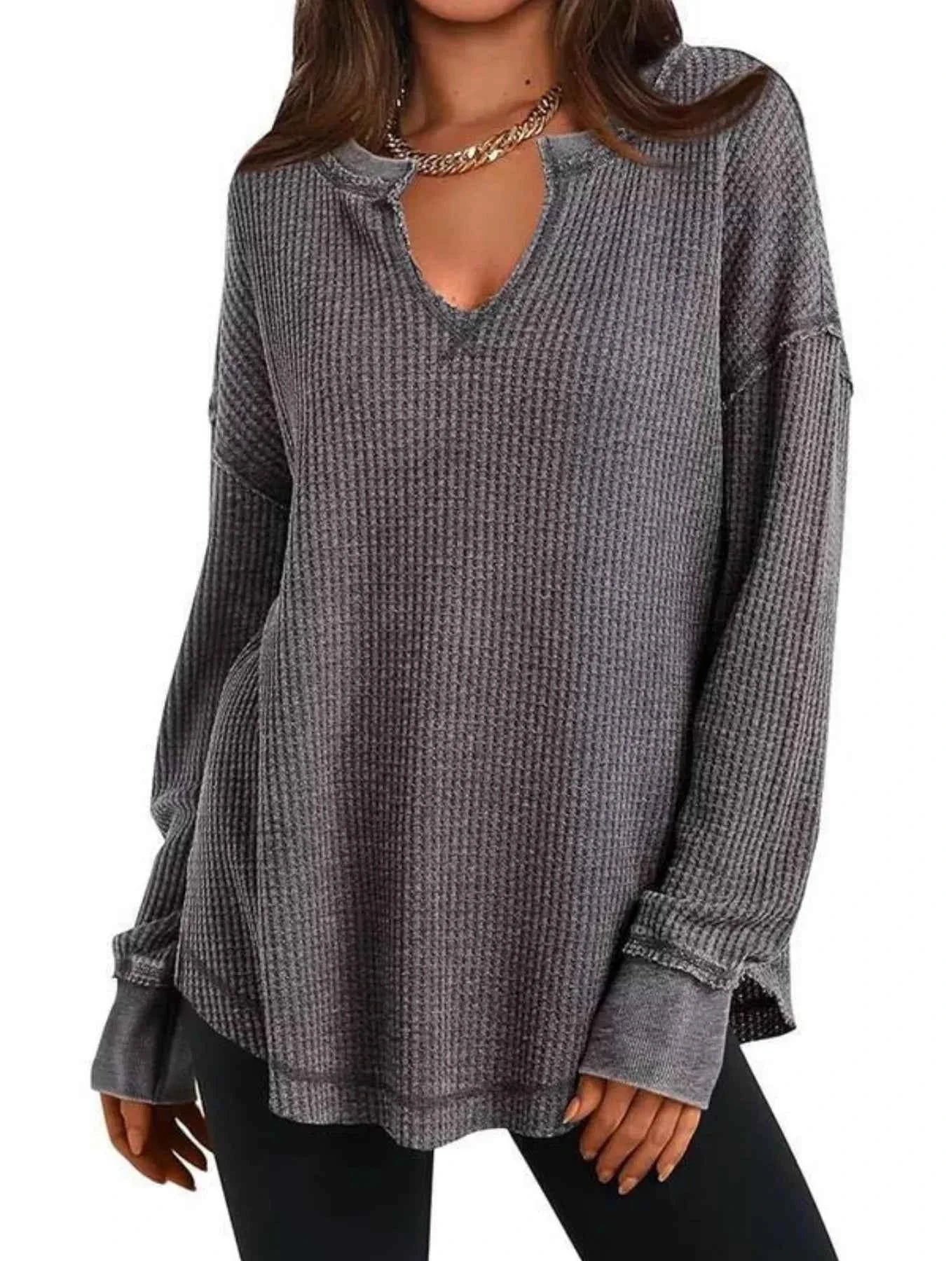 Slit Notched Long Sleeve T-Shirt