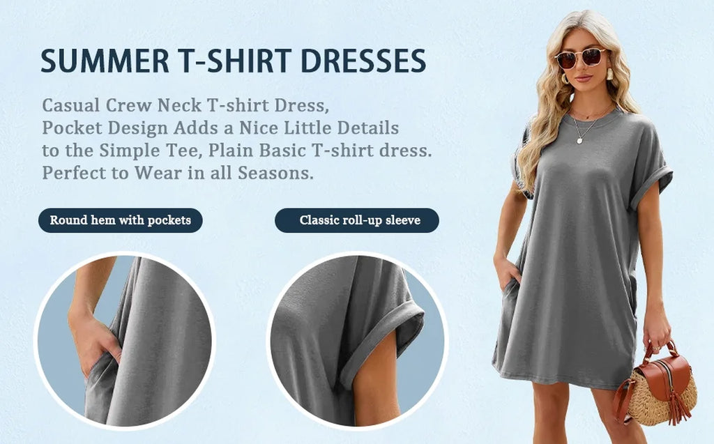 Women’S Summer Short Sleeve T-Shirt Dress Casual Loose Slit Beach Mini Dress Tunic Tops Womens Clothes Solid Color Lightgray plus Size XXL