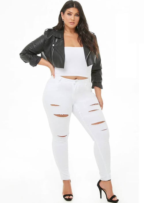 BQ6008-R Womens plus Size Stretch Distressed Ripped Skinny Twill Jeans Pants