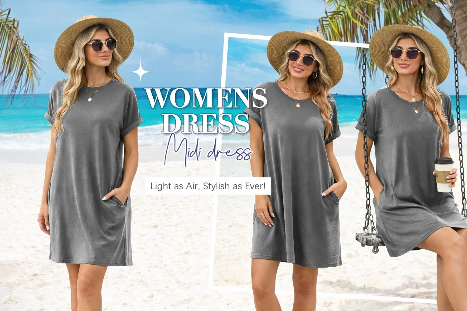 Women’S Summer Short Sleeve T-Shirt Dress Casual Loose Slit Beach Mini Dress Tunic Tops Womens Clothes Solid Color Lightgray plus Size XXL