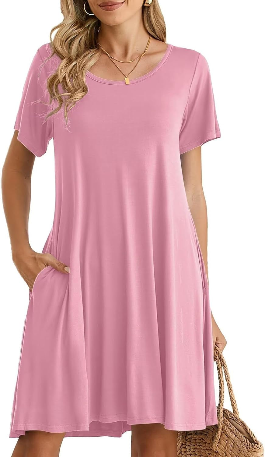 Womens Summer Casual T Shirt Dress Loose Swing Tunic Dress Short Sleeve Sundress with Pockets