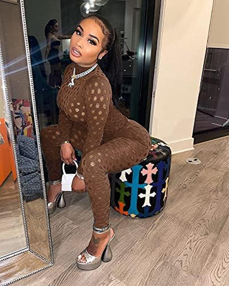 Sexy Bodycon Jumpsuits See through Mesh Lace Hollow Out One Piece Club Outfits Clubwear Coffee Small