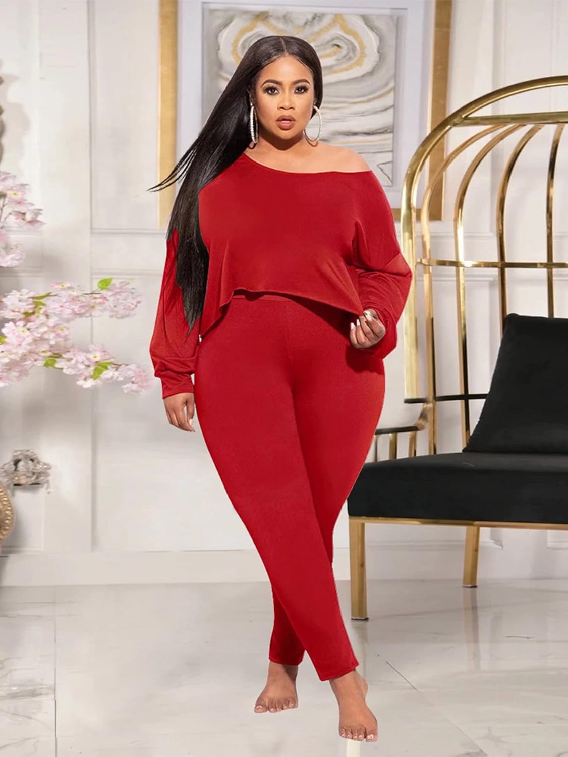 Plus Size 2 Piece Outfits for Women Sexy Clubwear off Shoulder Long Sleeve Shirt Bodycon Pants Sets Tracksuit Casual Red XXL