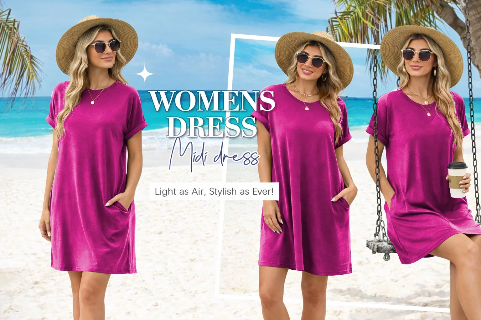 Womens T Shirt Dresses Short Sleeve Loose Tunic Tops with Pocket Casual Swing Basic Dress Dressy Fashion Womens Clothes Vacation Holiday Summer Sundress Solid Color Pink Size M