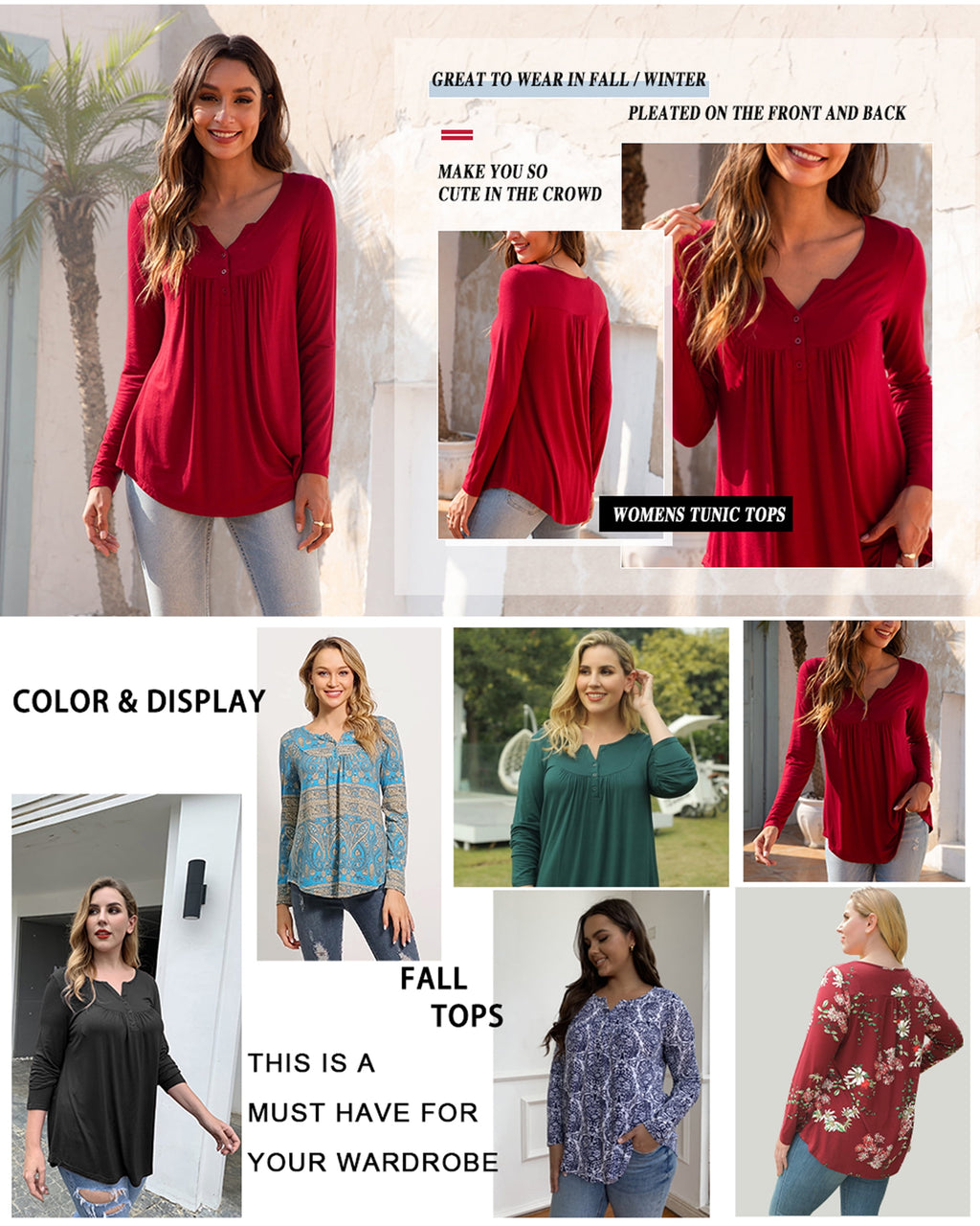 Womens plus Size Long Sleeve Tunic Tops Casual Floral Henley Shirts M-4X