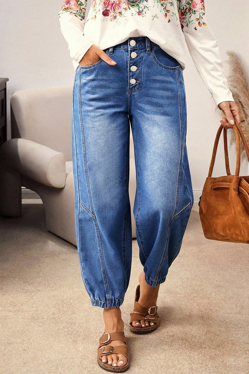 Denim Buttoned Fly Tapered Barrel Leg Jeans