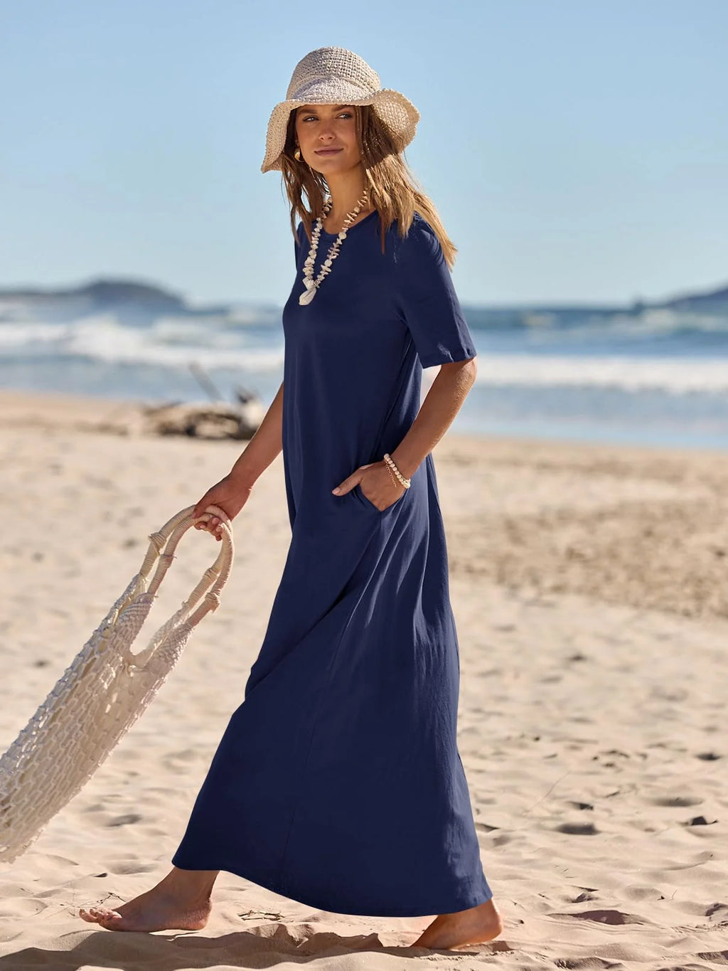 Women'S 2025 Short Sleeve Casual Summer Basic Long Maxi Dresses with Pockets(Navy-Xl)