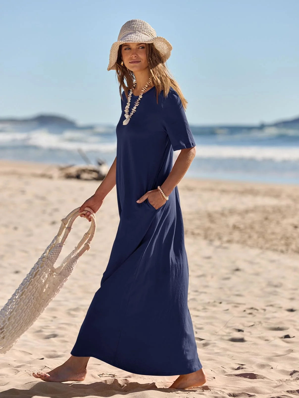 Women'S 2025 Short Sleeve Casual Summer Basic Long Maxi Dresses with Pockets(Navy-Xl)