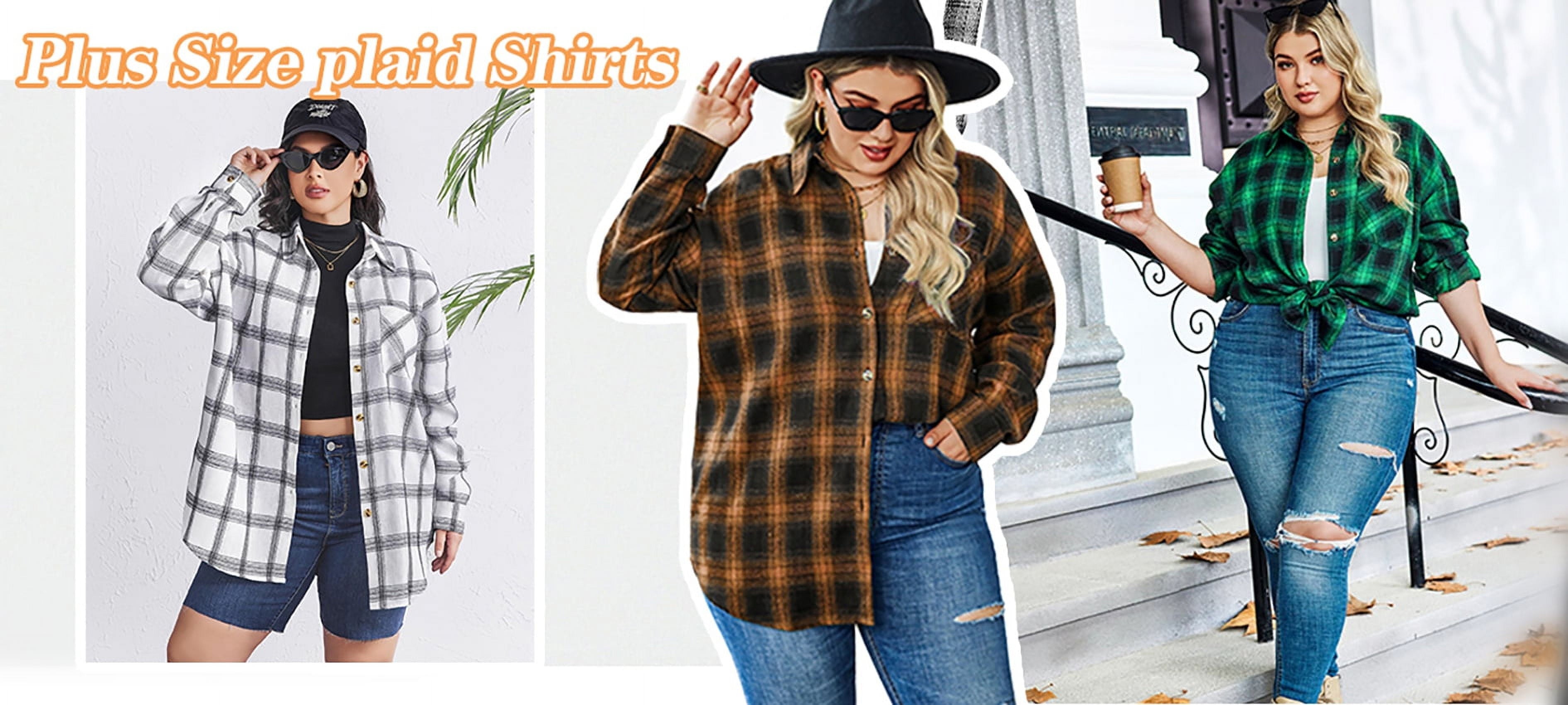 plus Size Flannel Plaid Shirts for Women Long Sleeve Button down Shirts Casual Loose Blouses Tops