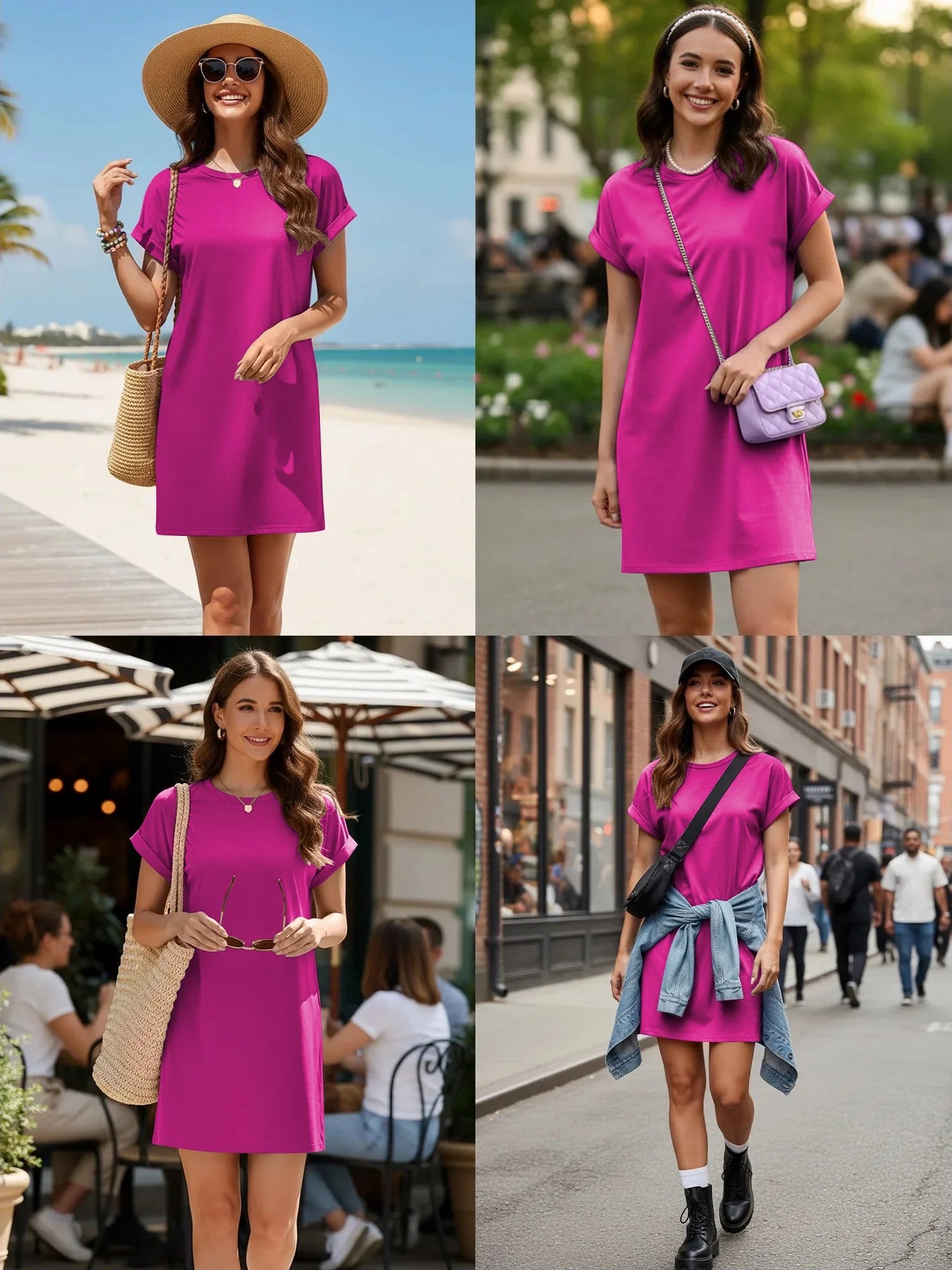 Womens T Shirt Dresses Short Sleeve Loose Tunic Tops with Pocket Casual Swing Basic Dress Dressy Fashion Womens Clothes Vacation Holiday Summer Sundress Solid Color Pink Size M